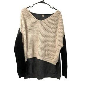 Uniq Womens Colorblock Ribbed Loose Knit Hi Low Vneck Sweater Size M/L